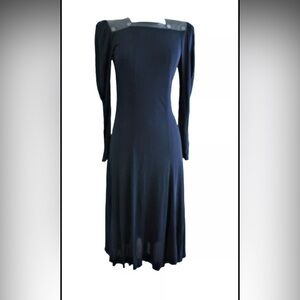 Jean Muir Dress  Navy Midi Length Long Sleeve Suede Shoulder Pads Button M